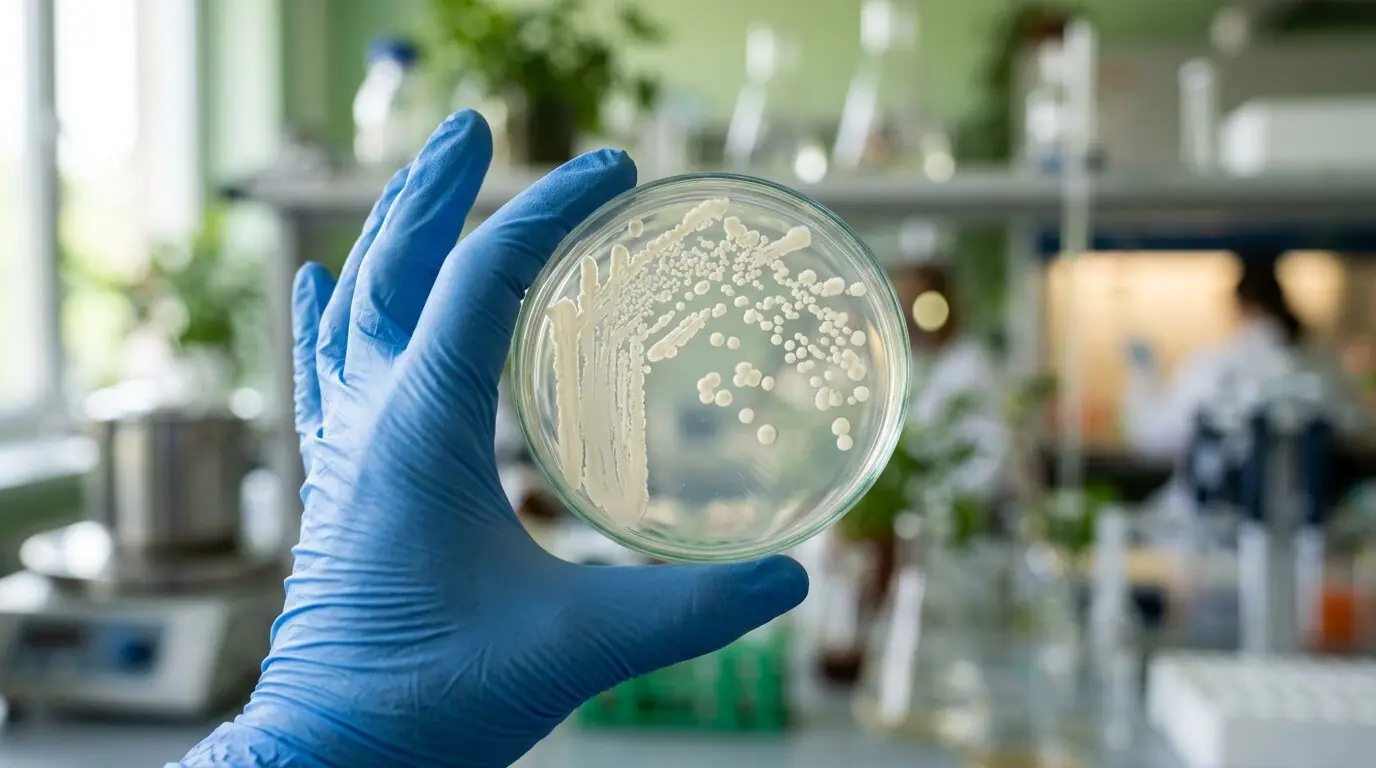 Hands in blue gloves holding a petri dish with bacterial cultures