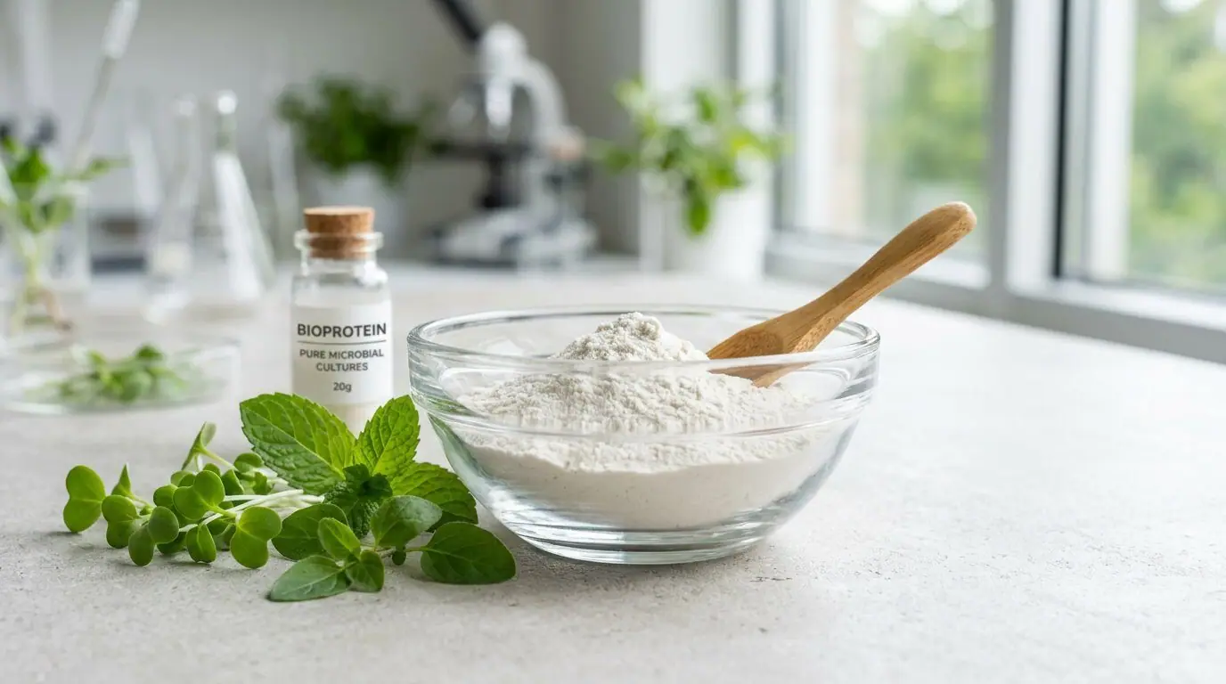BioCo microbial powder in a glass bowl with fresh leaves