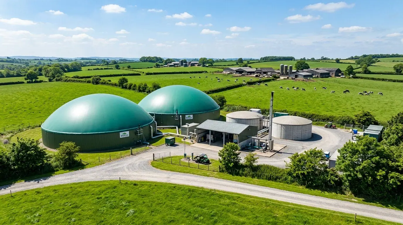 Biogas plant with green dome digesters in farmland