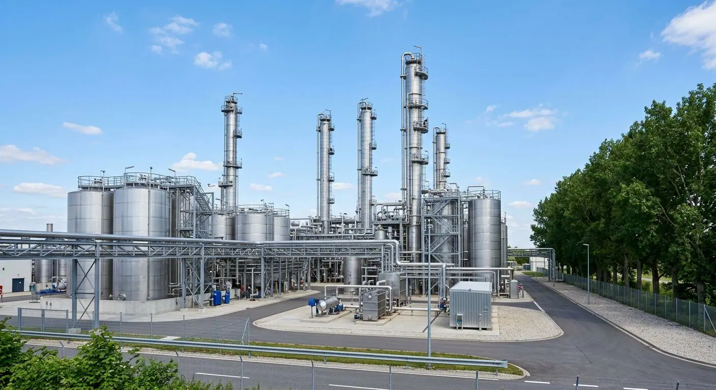 Industrial effluent treatment plant with steel silos and towers