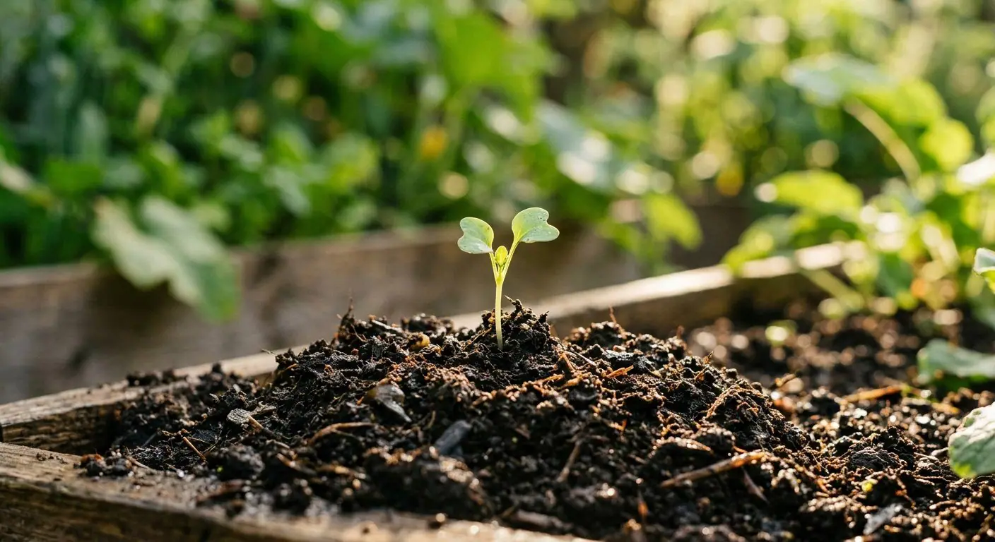 Seedling sprouting from rich compost soil