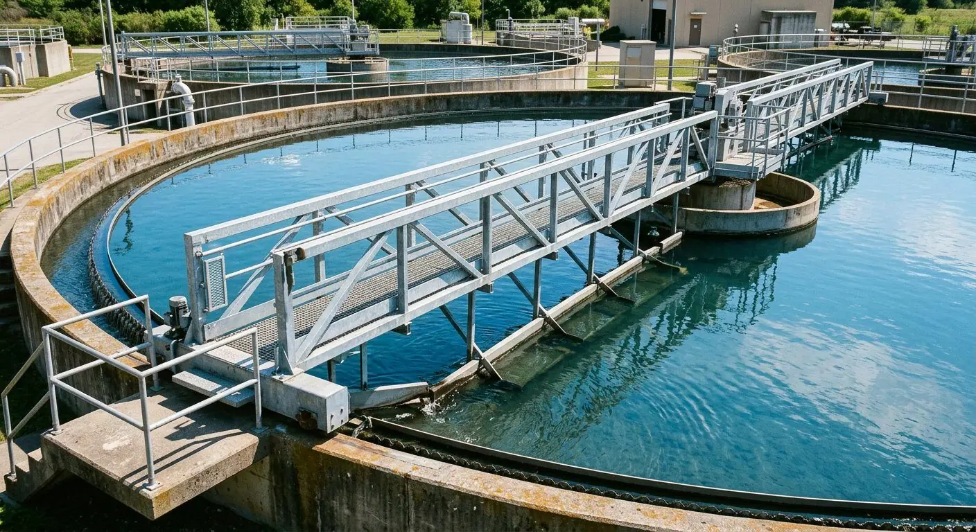 Circular clarifier tank with rotating scraper bridge