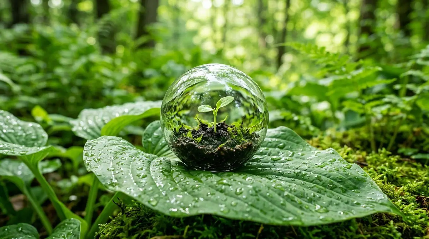 Green seedling inside a small glass globe on a leaf
