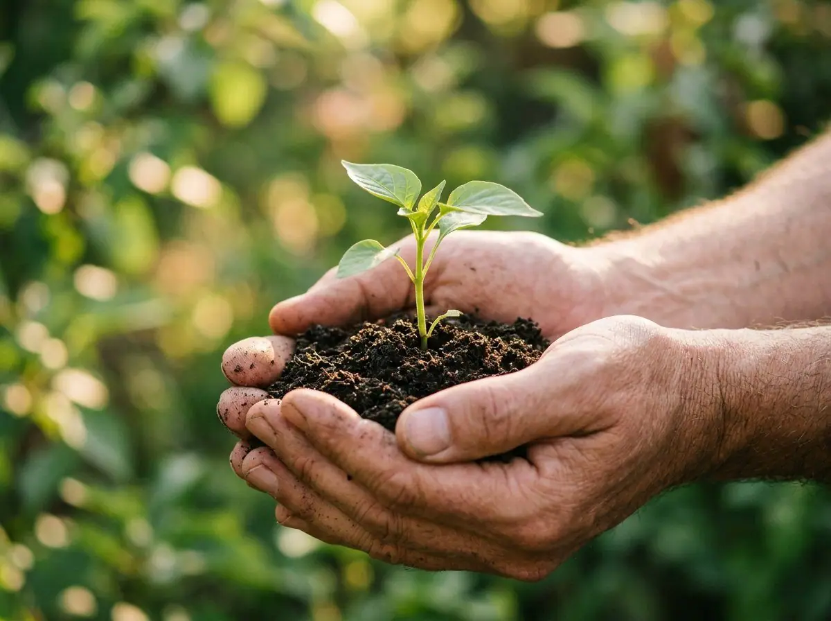Hands holding soil with a young green seedling